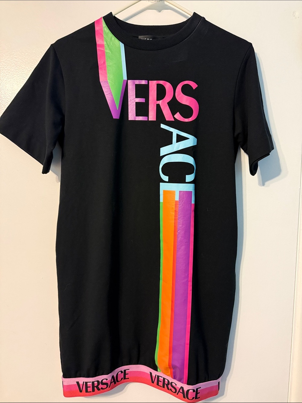 Versace Black Tee Dress with Neon Pink, Green & Blue Logo Stripes